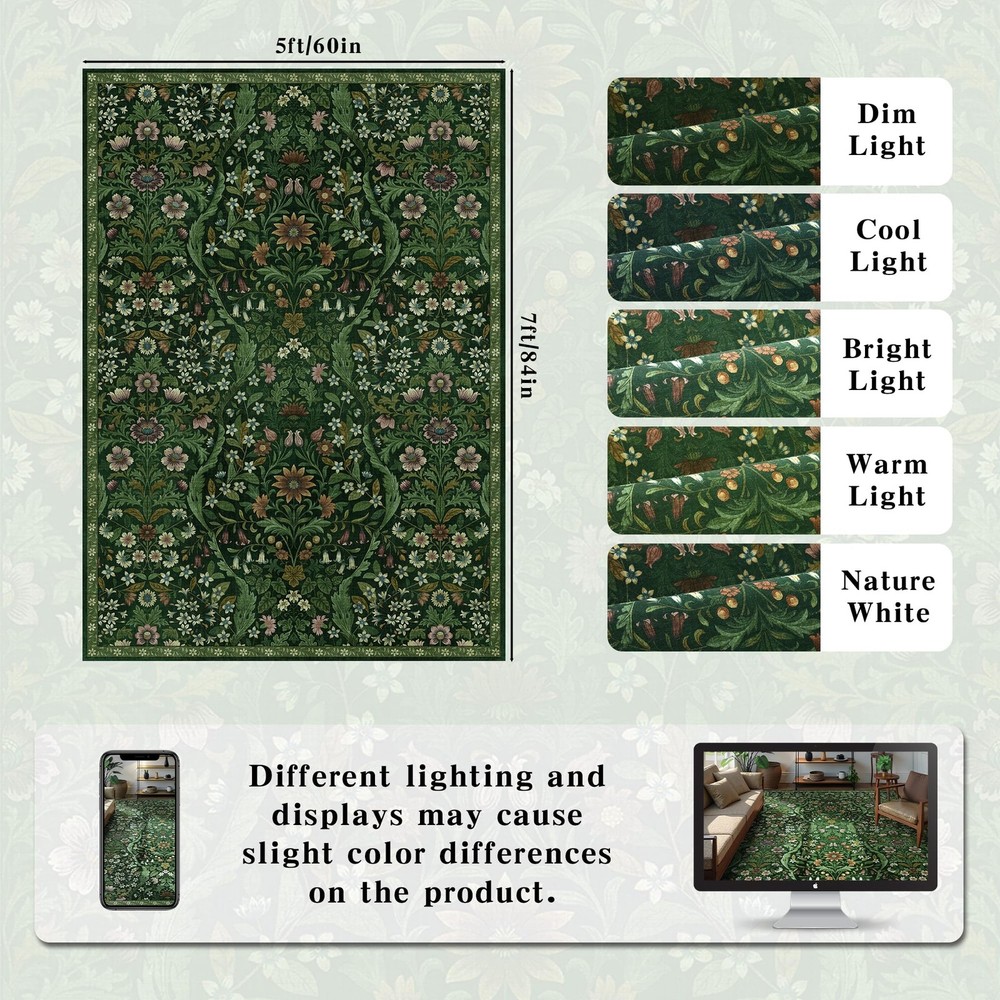 5×7 Dark Green Washable Floral Area 5' x 7' (Rectangular),