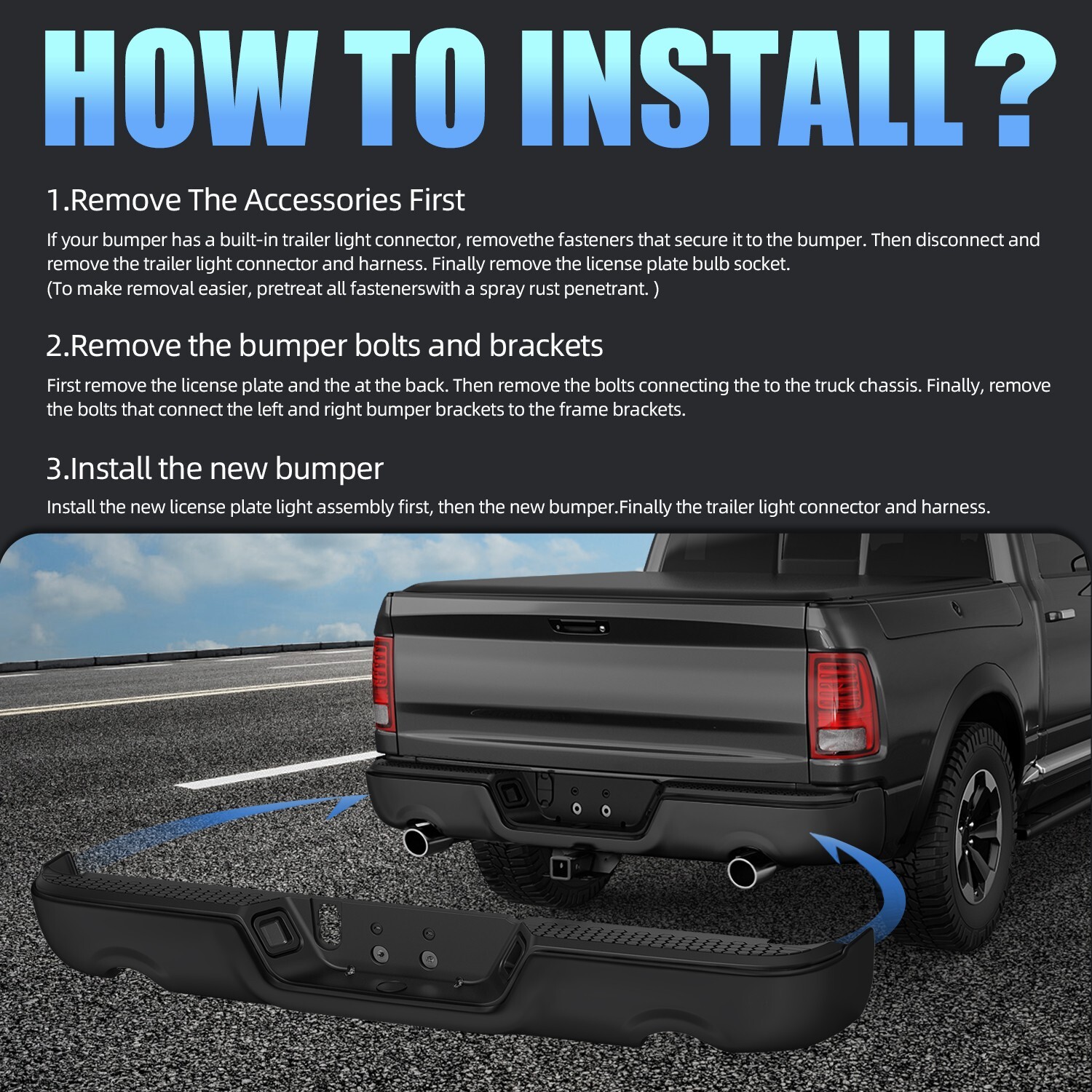 Black Rear Bumper Assy For 2009-2018 Dodge Ram 1500 Dual Exhaust w/o Sensor New