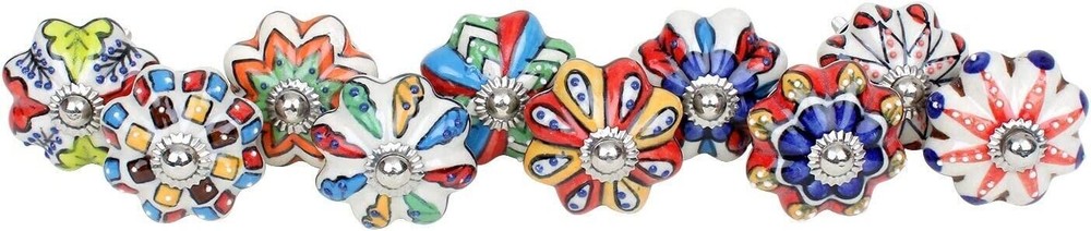 Indian 10 Pc Painted Colorful Cermic Door Knobs Pull Handles Cabinet Hand