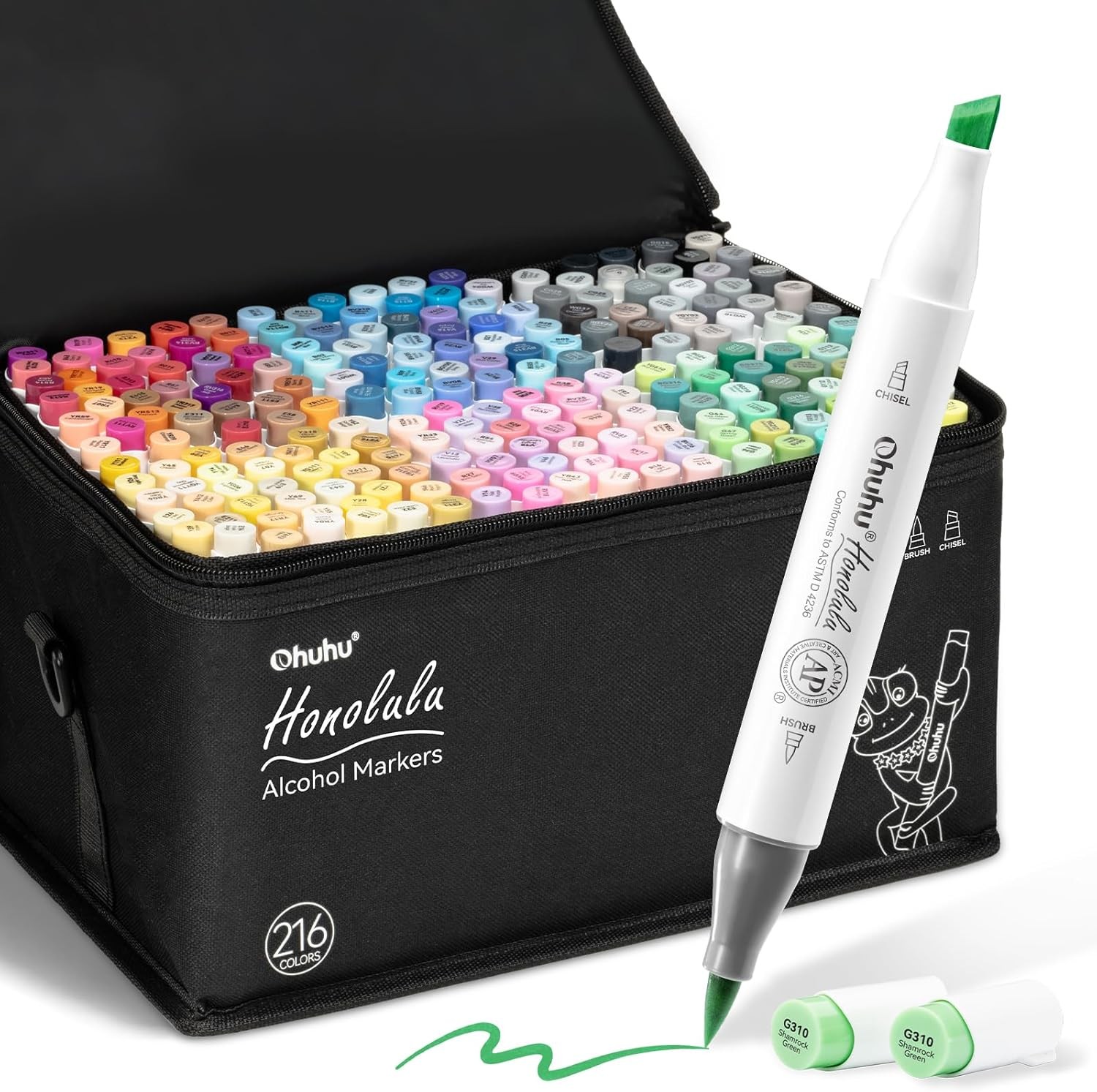 Ohuhu Alcohol Markers 216-color Double Tipped Brush & Chisel- Refillable Markers