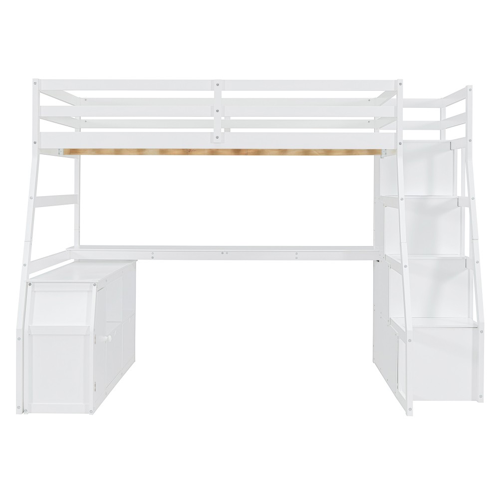 Full Loft Bed w/ Desk & Storage - White - Sturdy Pine Frame