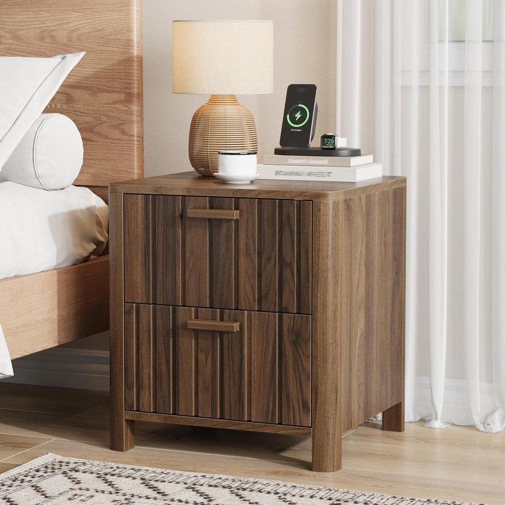 Walnut Fluted Mid Century Nightstand with Seamless Drawer and Solid Wood Handle