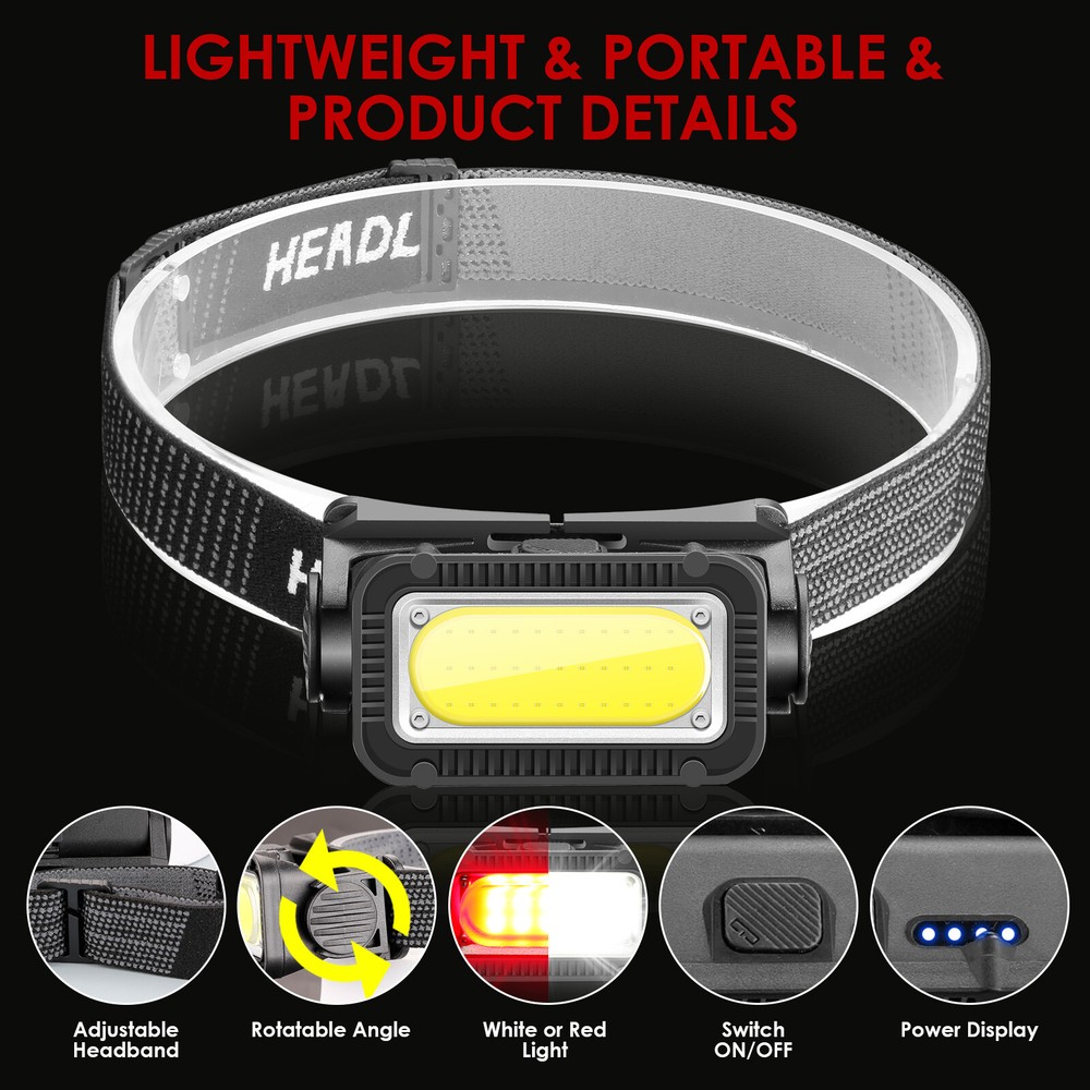 2pack Super Bright COB LED Headlamp Rechargeable Waterproof Headlight Work Light
