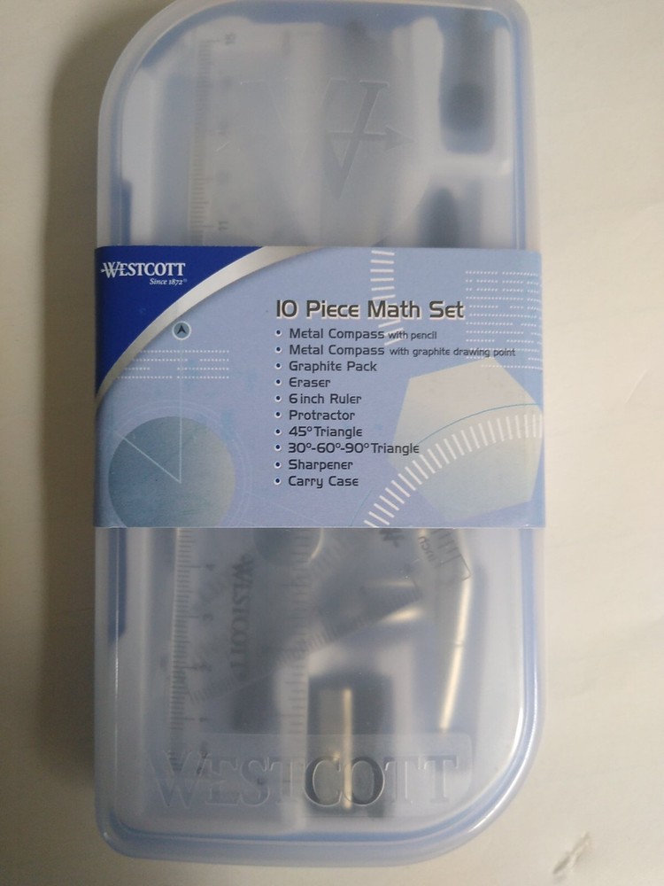 School Supplies Westcott 10 Pc Math Set Compass Protractor Ruler Triangle New