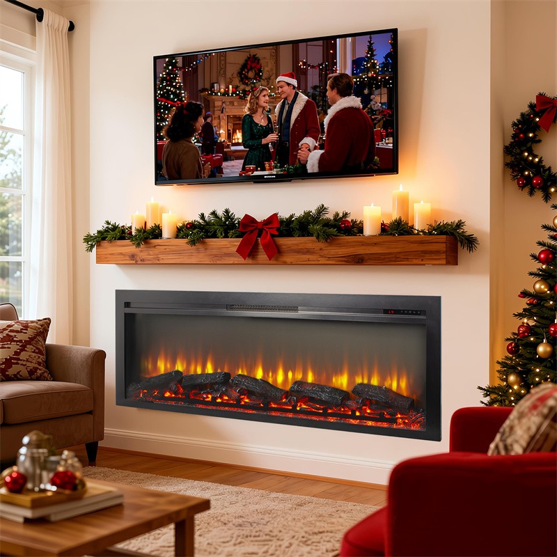54" Wall Recessed Electric Fireplace Multi Color Flame & Emberbed with Remote