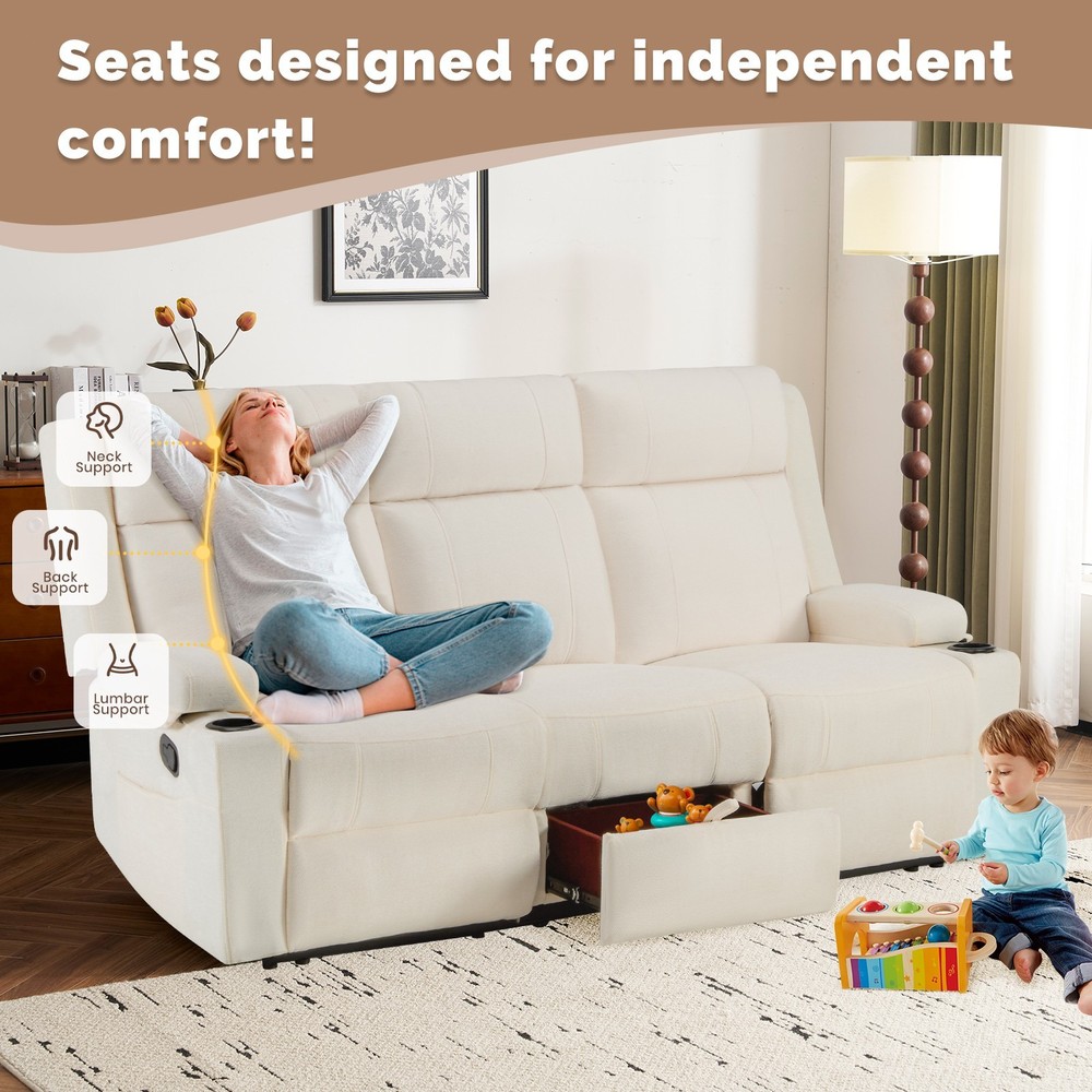 Chenille Reclining Sofa 3-Seater with Convertible Table, Storage Ottoman