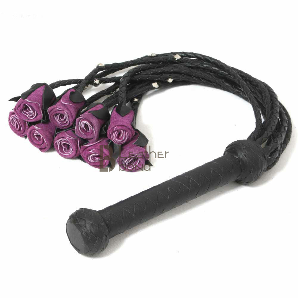 Real Genuine Cow Hide Leather Flogger 9 Braided Falls Heavy Purple Roses & Studs