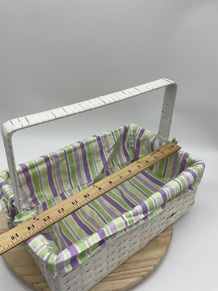 White Wicker Rectangular Basket Handle Lined Striped Fabric Insert Storage Tray