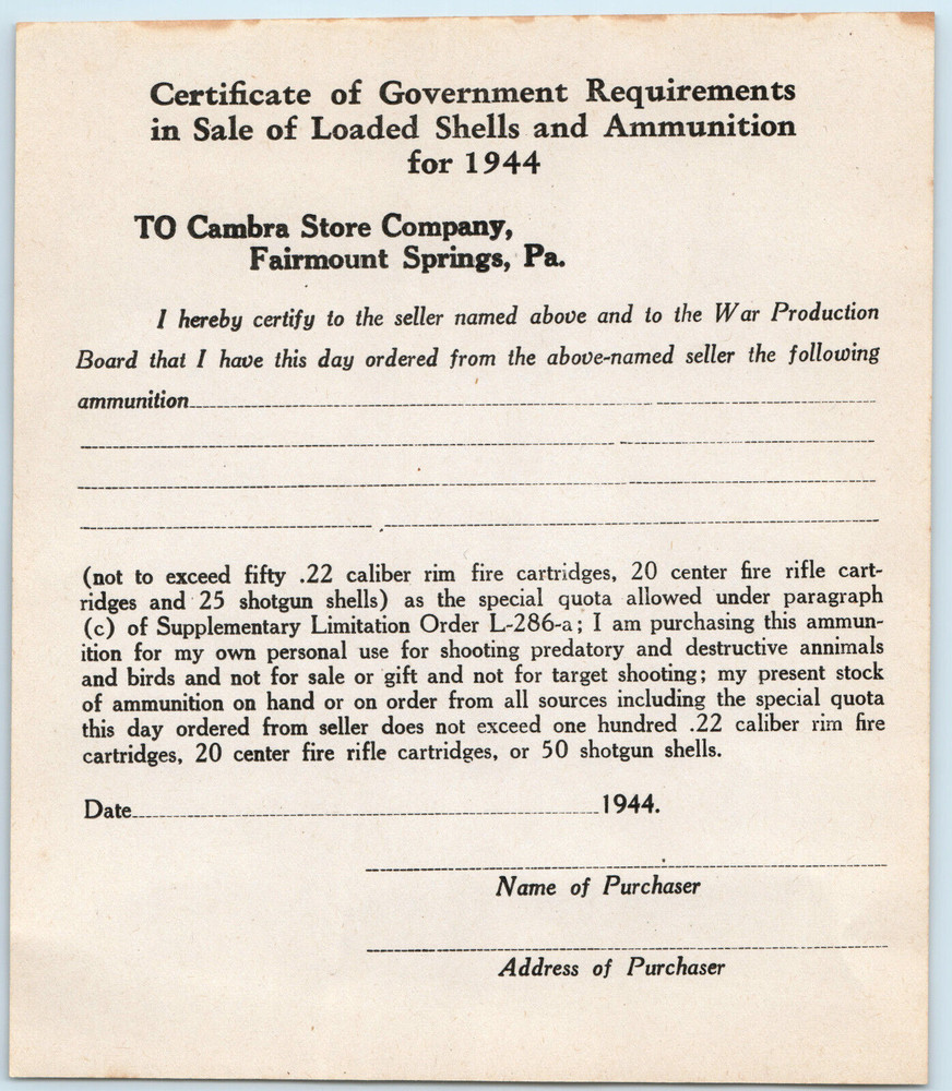 WWII War Production Board Home Front Ammunition Order Certificate