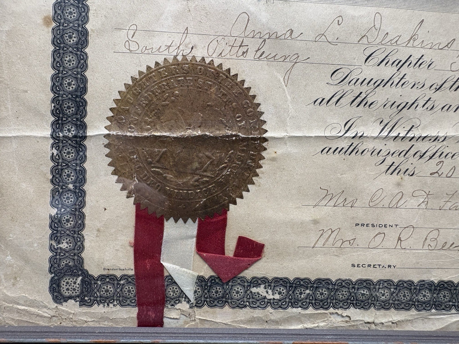 United Daughters of The Confederacy membership Tennessee History framed 1911