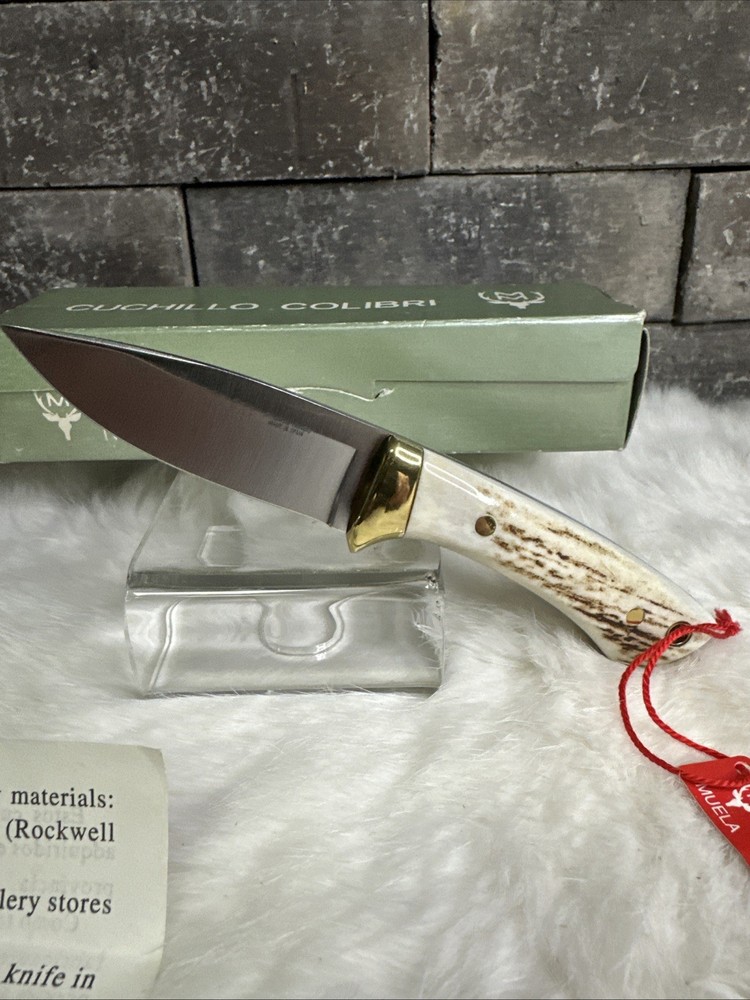 VINTAGE MUELA COM FIXED BLADE KNIFE / ORIGINAL LEATHER SHEATH / SPAIN