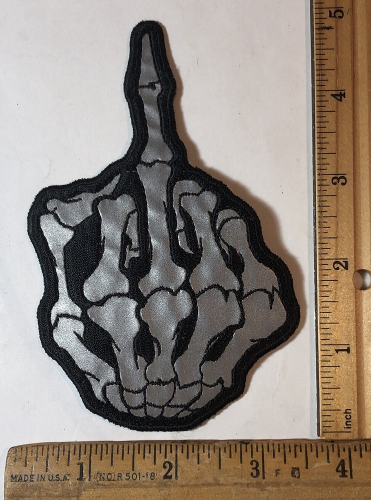 Skeleton Hand Middle Finger Reflective Iron On Patch Biker Motorcycle 3” x 5”