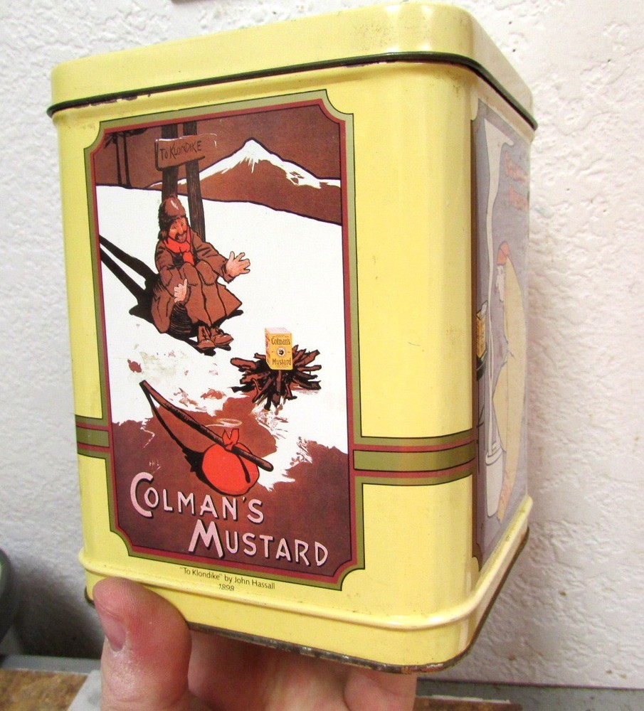 COLMANS mustard large empty collectors display tin, features old Colman Logos