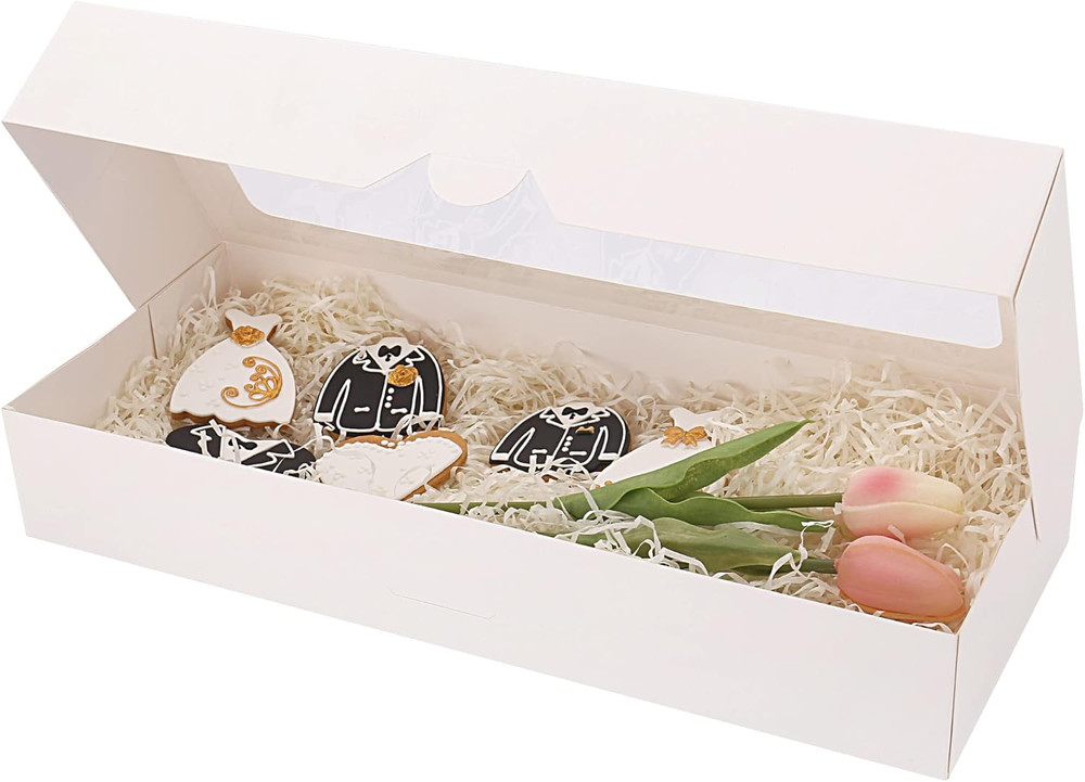 20-Pack 16" X 6.5" X 2.5" Cookie Boxes with Window, White Bakery Boxes, Strawber