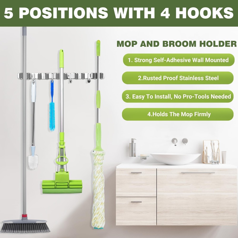 Wall Mount Mop Broom Holder Rack, Adjustable 64 Inch Storage Organizer Tool