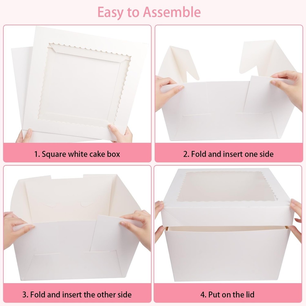 4 Pack 12x12x8 Inch White Cake Boxes with Window - Disposable Bakery Boxes fo...
