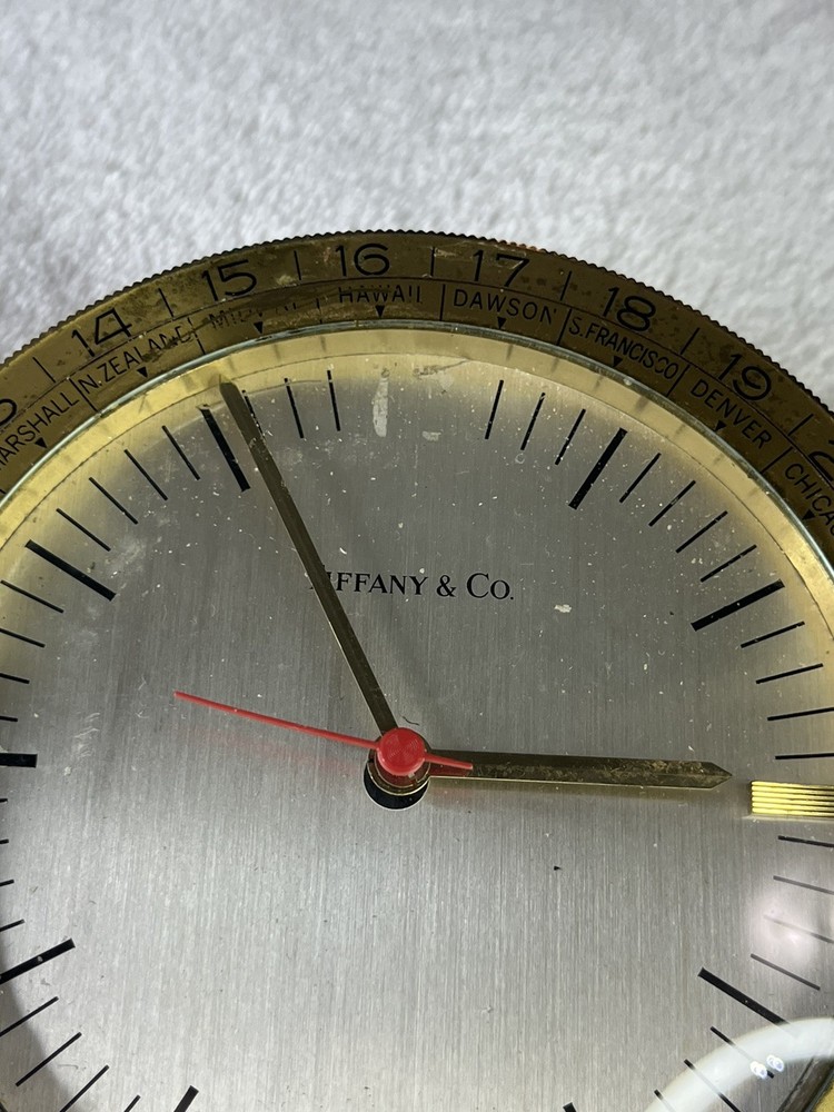 VINTAGE SOLID BRASS TIFFANY & CO. WORLD DESK CLOCK display piece *Untested*