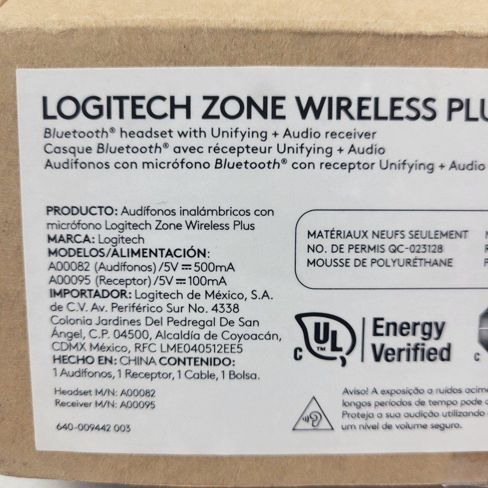 Logitech Zone Wireless Plus Headset Model A00082 Brand New Open Box