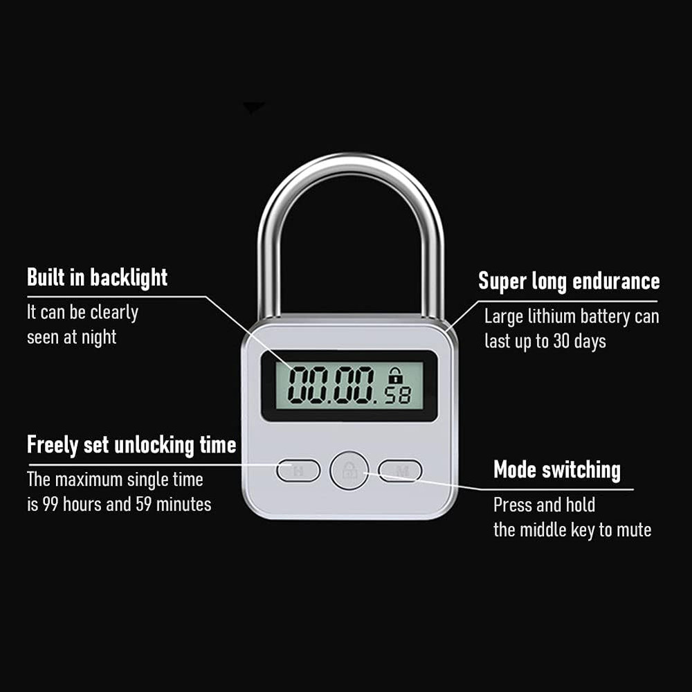 Metal Timer Lock, 99 Hours Max Timing Lock, USB Rechargeable Timer Padlock with