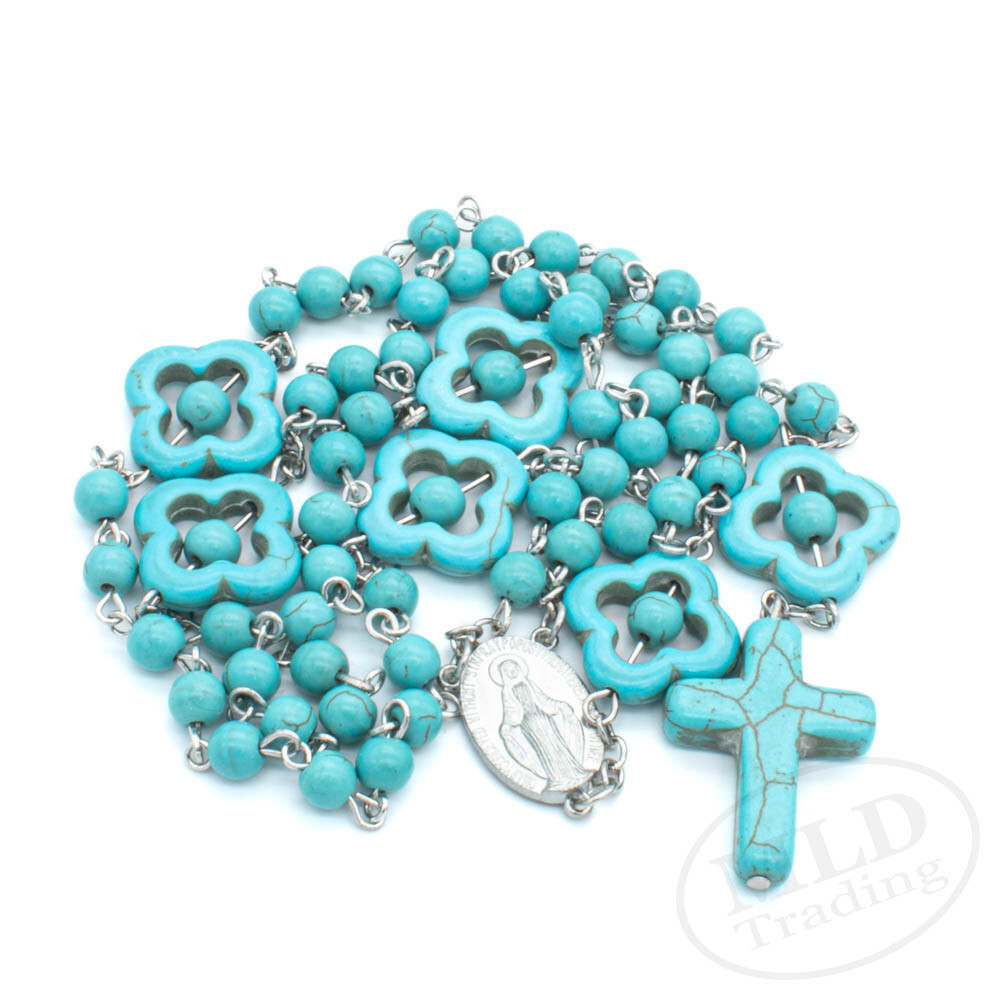Turquoise Stone Bead Catholic Flower Rosary Necklace - 22" 7" Drop, Silver Chain