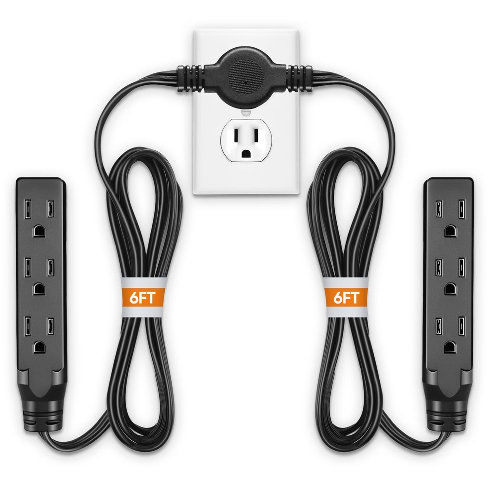 12 Ft Twin Extension Cord Power Strip Dual Flat Wall Plug Split Multi Outlet