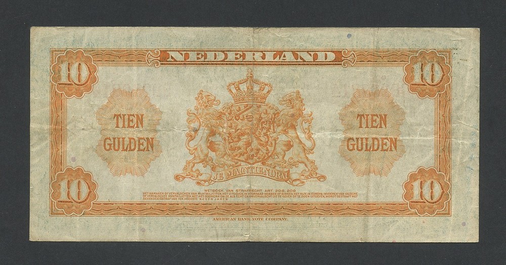 NETHERLANDS 10 gulden note 1943 Krause 66 Banknotes