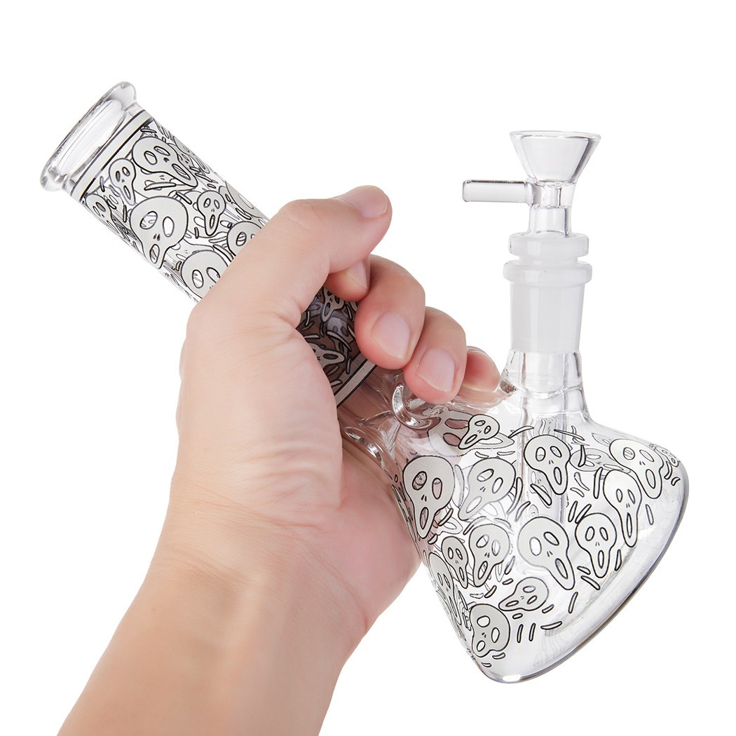 7.8" Skull Fluorescent Glass Bong Glass Water Pipe Smoking Tobacco Beaker 14MM