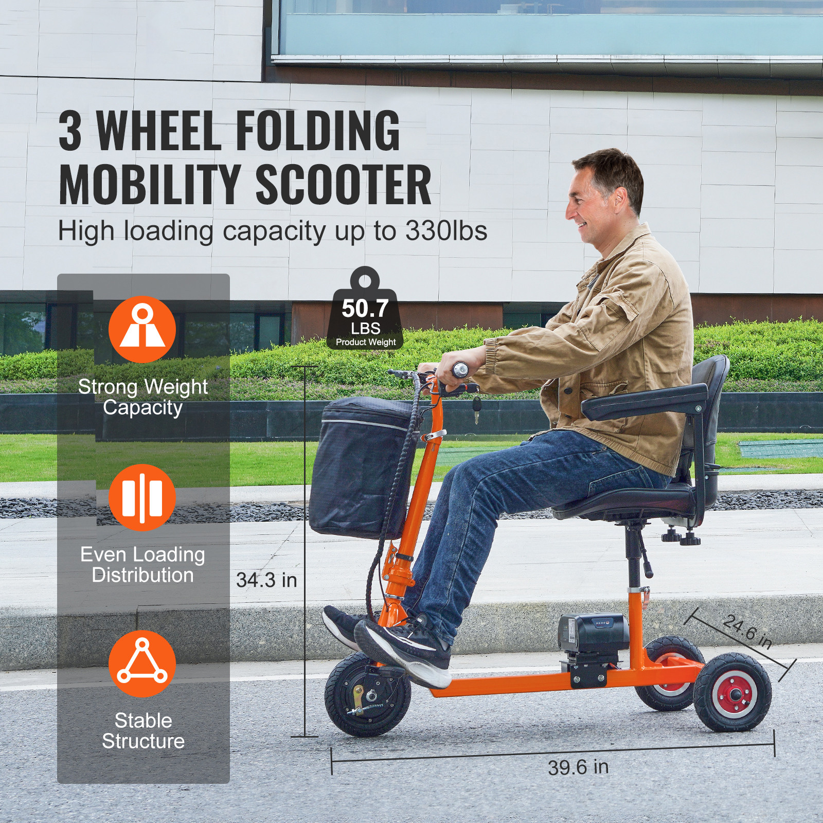 Portable 3 Wheel Mobility Scooter for Seniors 12 Mile Range Max 330LBS