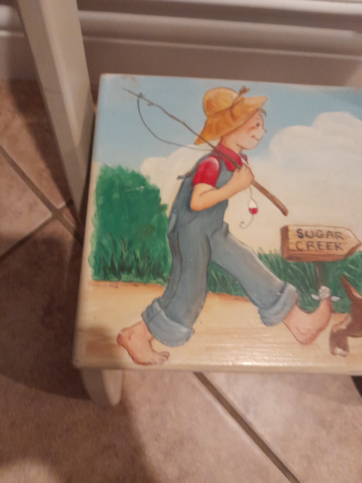 Vintage Hand Painted Childrens Chair Signed By Artist 14"x14" Puppy Boy Fishing