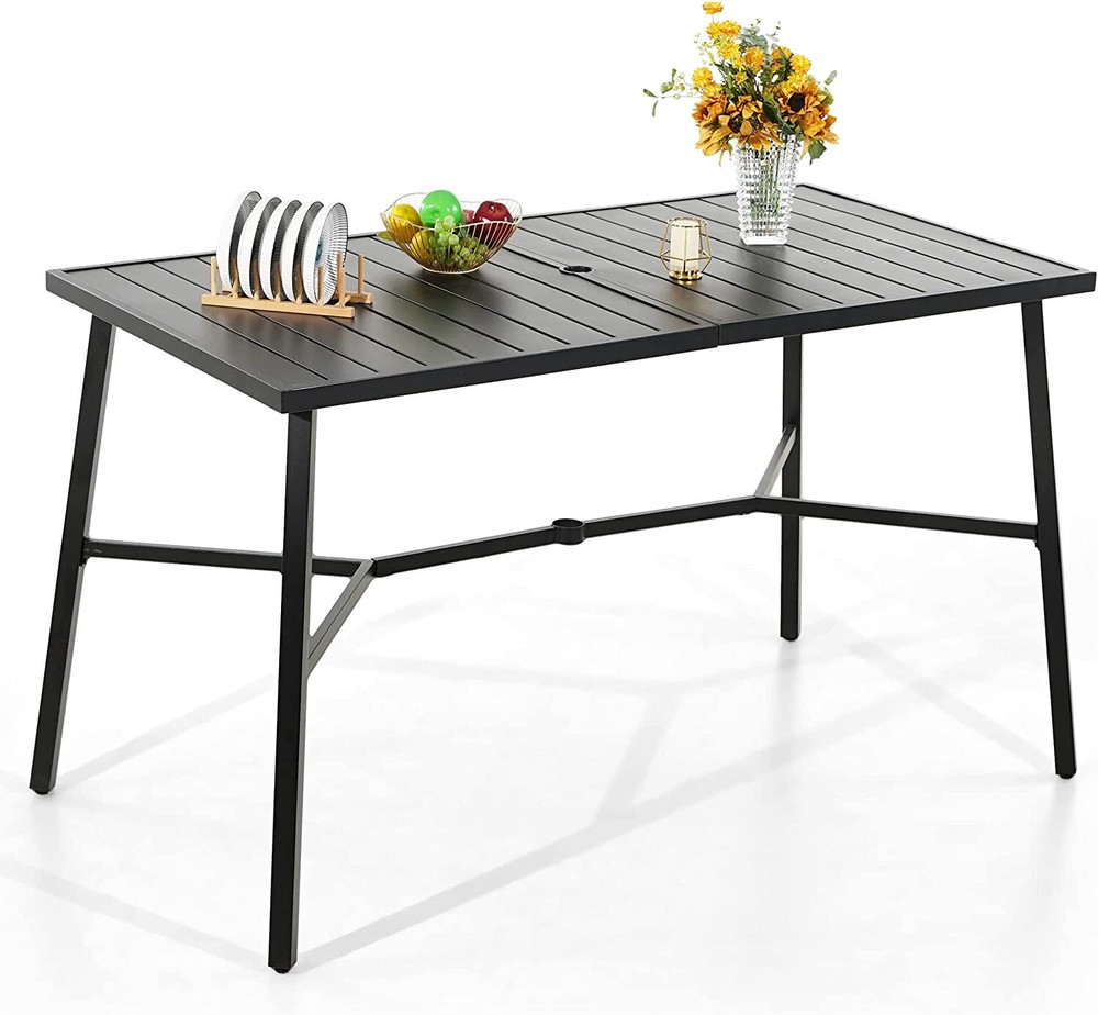 67"Outdoor Rectangular Dining Table Patio Yard Bar Table with 1.97"Umbrella Hole