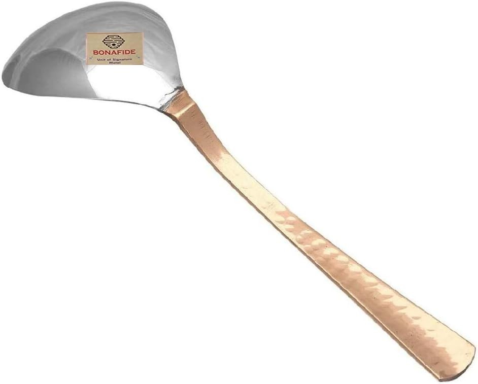 Copper Serving Spoon Set 2 Indian Wooden Handle Flat Dinningware Serveware