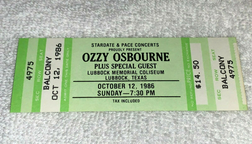 OZZY OSBOURNE UNUSED 1986 CONCERT TICKET LUBBOCK COLISEUM TX Black Sabbath USA