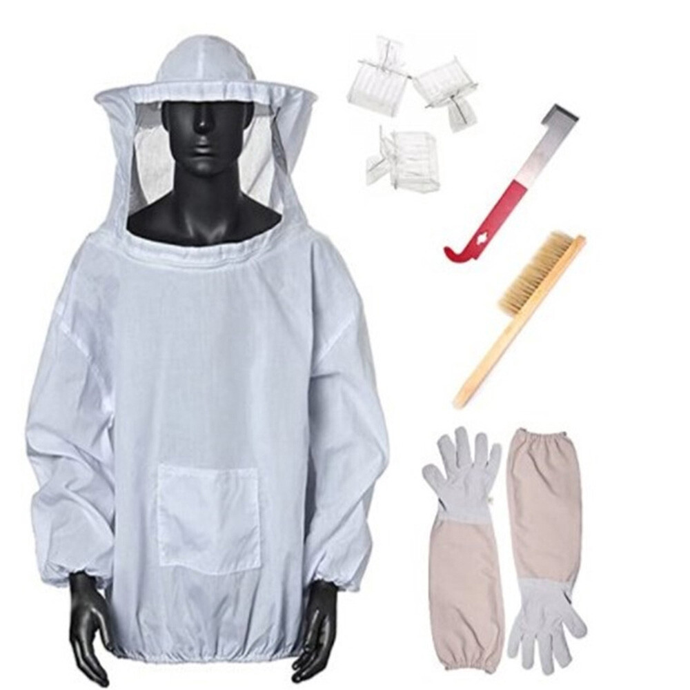 8PCS Beekeeping Beekeeper Suit Bee Jacket Gloves Bee Hive Brush J Hook Tool Set