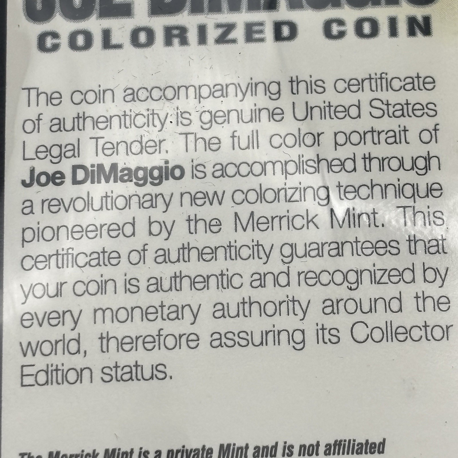 Merrick Mint Baseball Colorized Quarter Coin JOE DIMAGGIO NY Yankees Legend