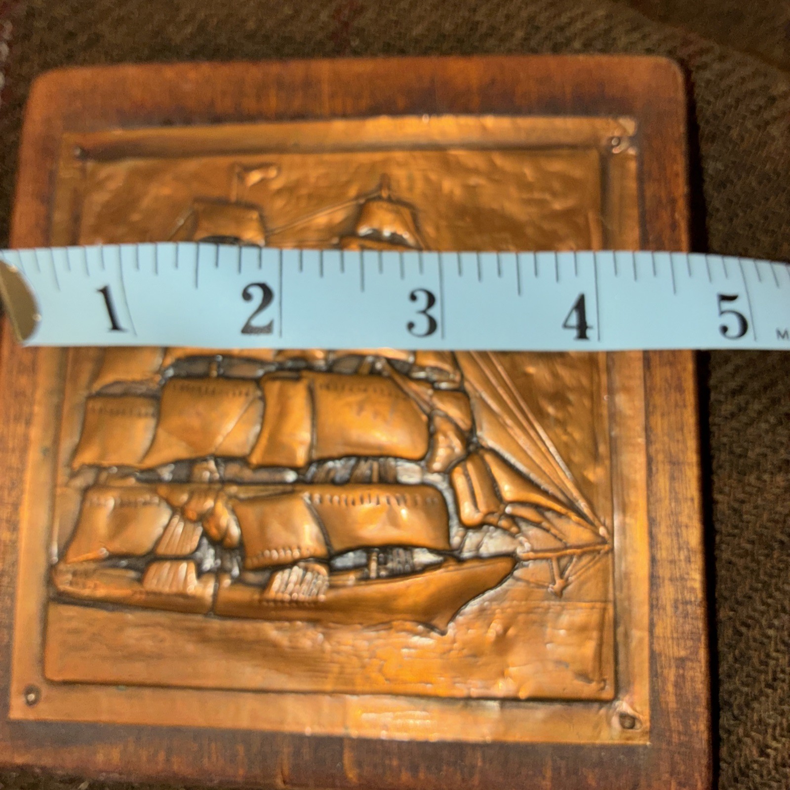 Vintage Copper Metal Embossed Sailing Ship On Wooden Plaque 3D 4.75” Square