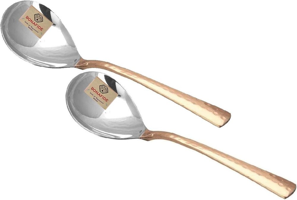 Copper Serving Spoon Set 2 Indian Wooden Handle Flat Dinningware Serveware