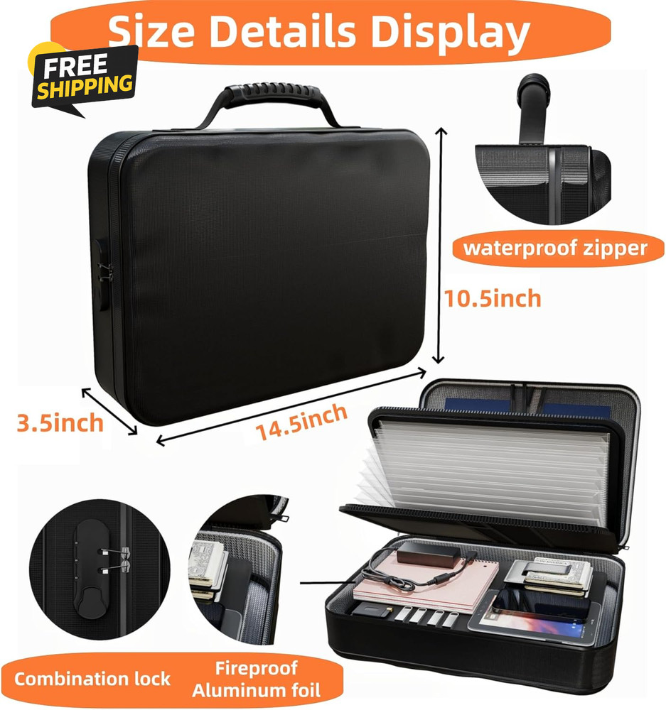 Fireproof Document Organizer (Soft-Shell) with Lock, Capacity Waterproof