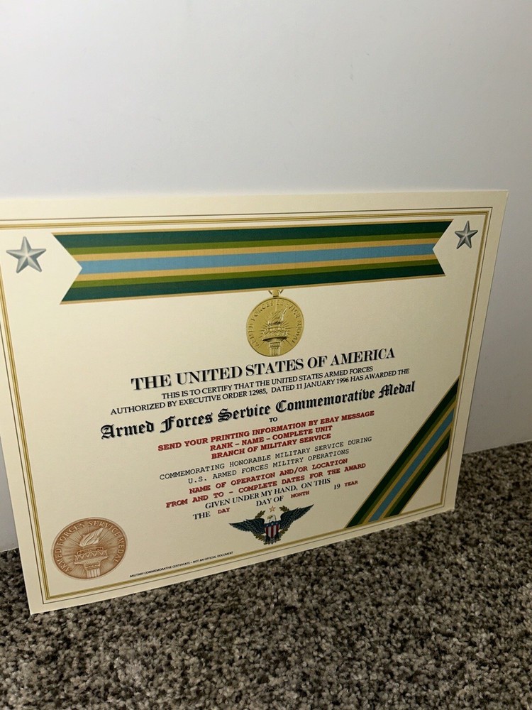 ARMED FORCES SERVICE MEDAL COMMEMORATIVE CERTIFICATE ~ W/PRINTING TYPE-1