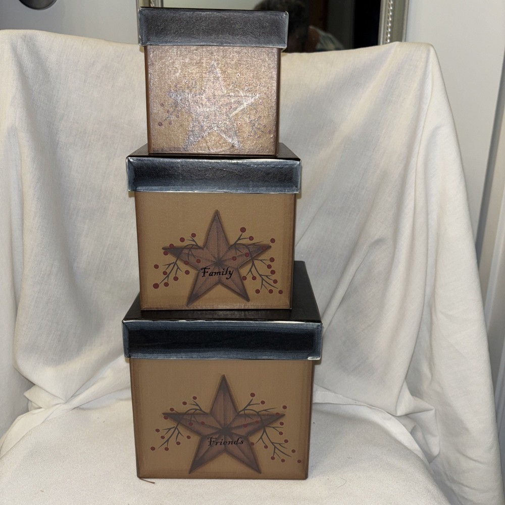 Americana Star Stackable Gift Boxes Cardboard Set (3) Multicolor Preowned