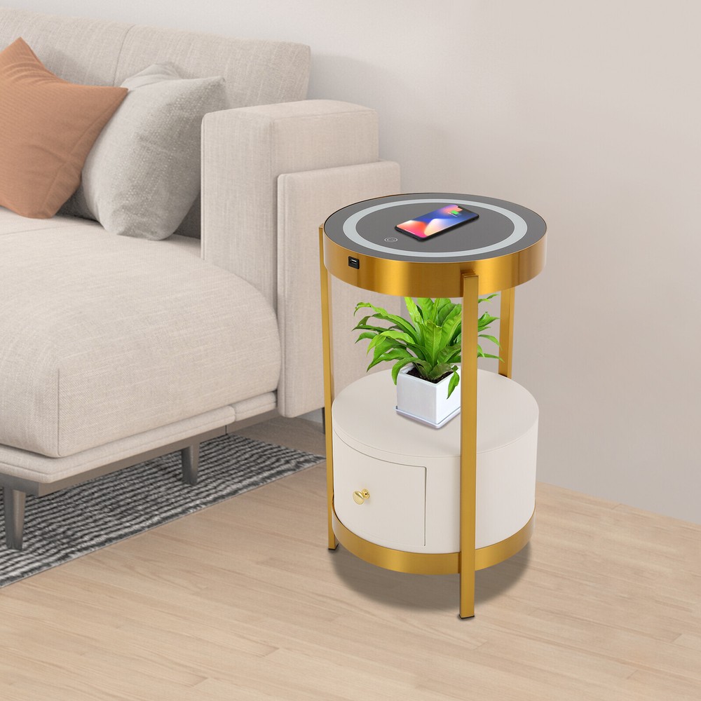 LED Nightstand Bedside Table with Drawers USB & Charging Station End Side Table