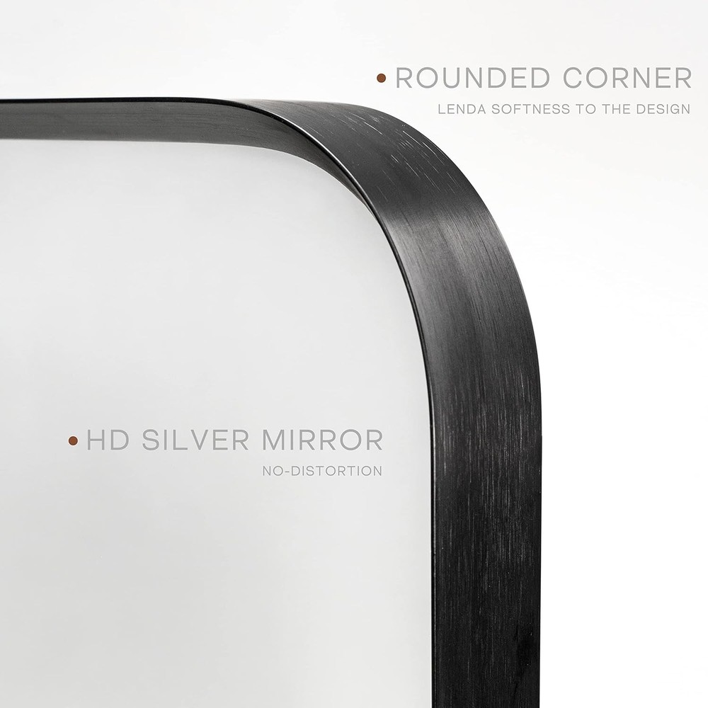 Wall Mount Mirror Bathroom Brush Black Metal Framed Rounded Corner Rectangular