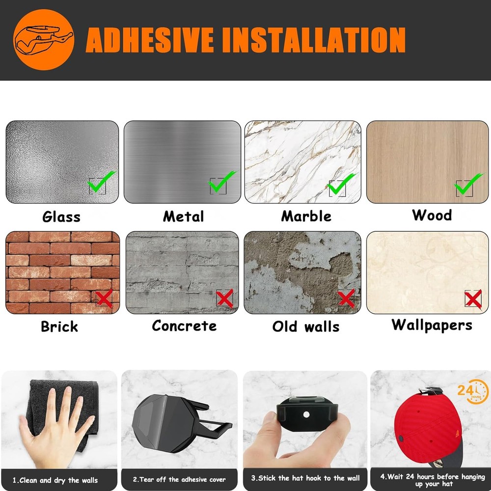 24 Pack Adhesive Hat Hooks for Wall, Strong Rack Baseball Caps, Black
