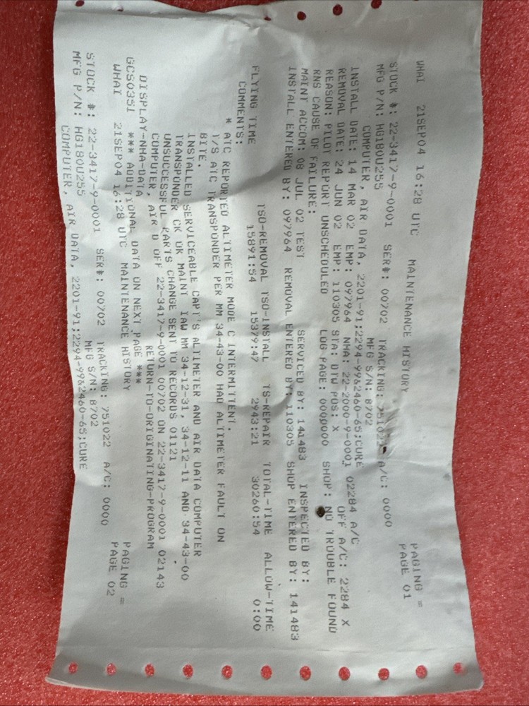 HONEYWELL AIR DATA COMPUTER HG180U255 with Maintenance History *UNTESTED* bin27