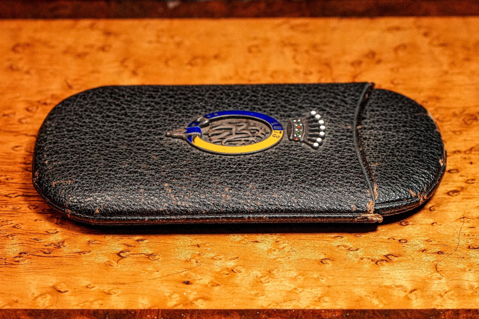 Austrian Antique Victorian Leather Cigar Case Silver Enamel Armorial Tobacciana