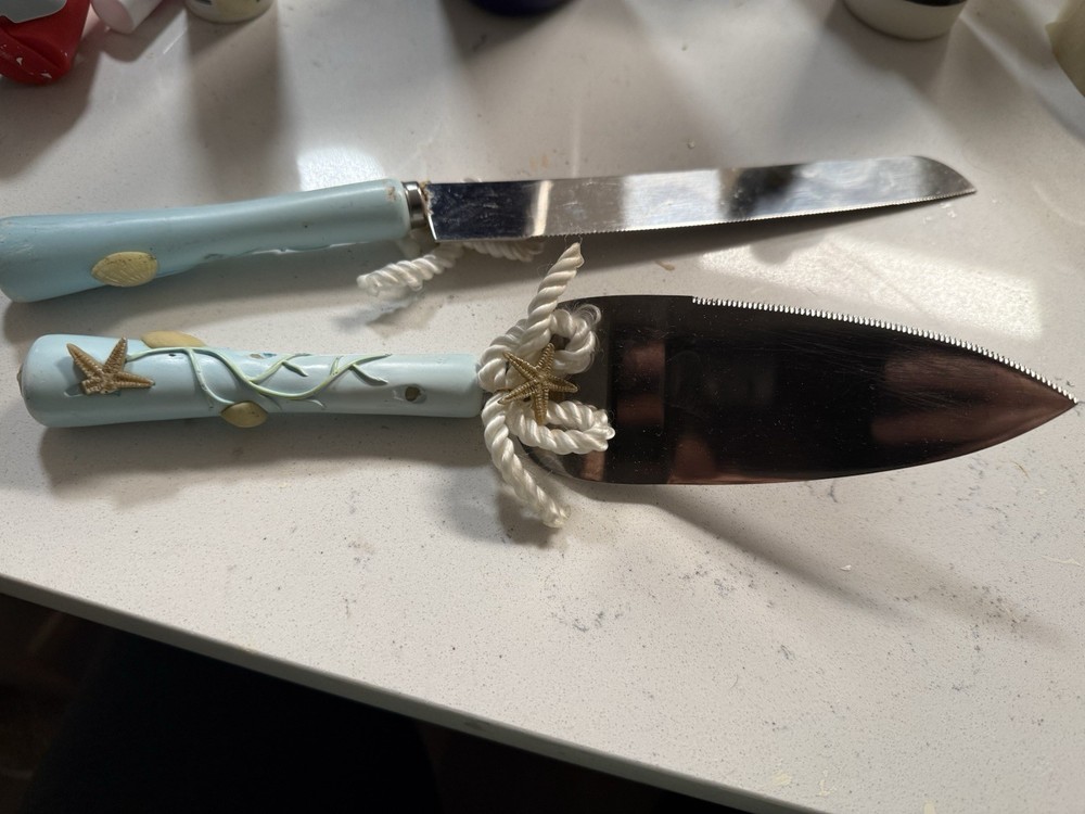 Beach Theme Cake Knife & Server Set Starfish Shell Handles Light Blue