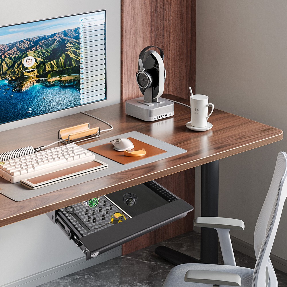 Space Saving Pull Out Sliding Drawer Desk Storage Organizer 14-inch Black W/ Key