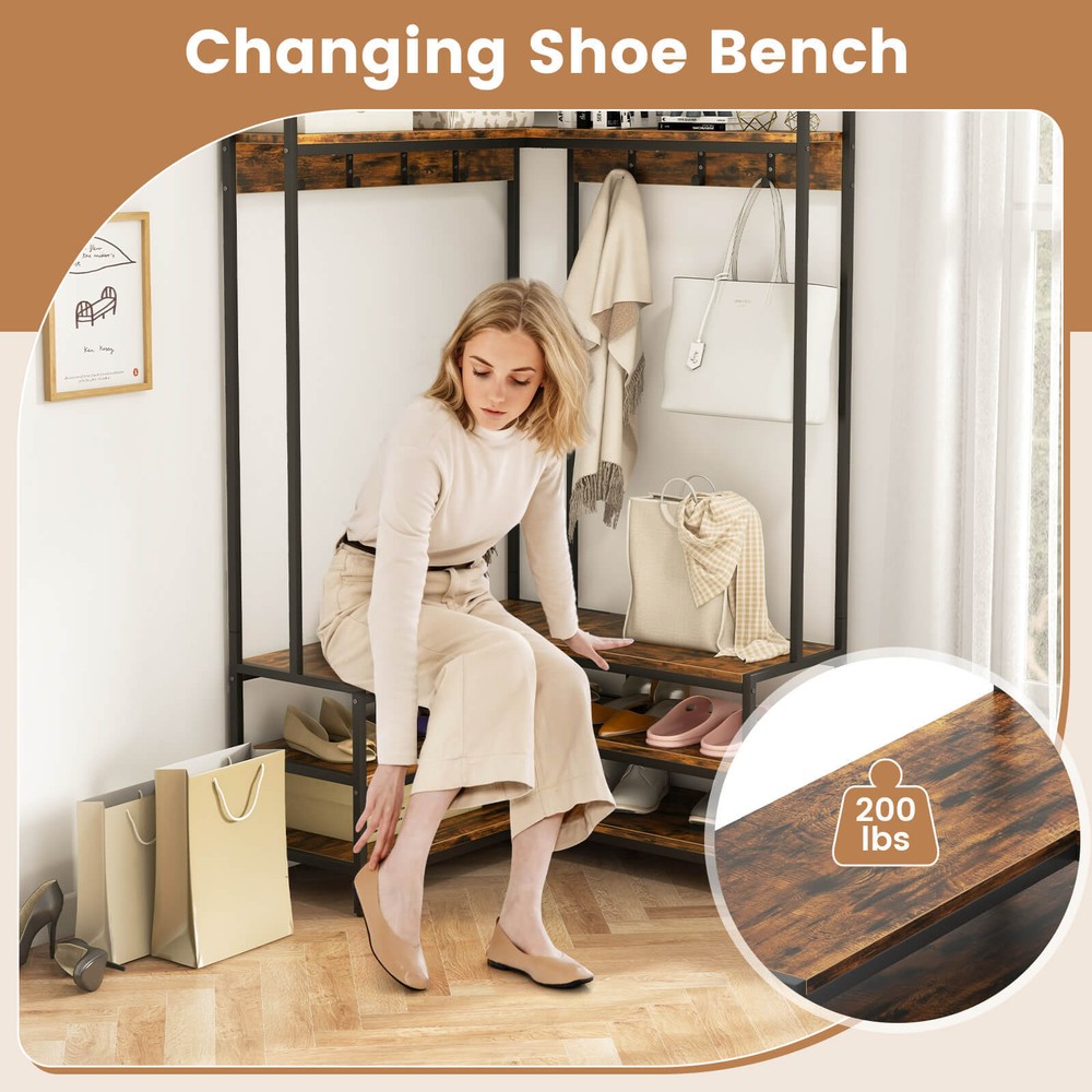 Corner Garment Rack W/ Open Shelves & 7 Hooks Shoe Bench Solid Metal Frame