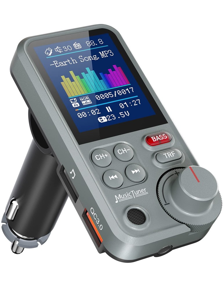 FM Bluetooth Transmitter Strong Mic 1.8in Screen QC3.0 Car Adapter Treble Bass