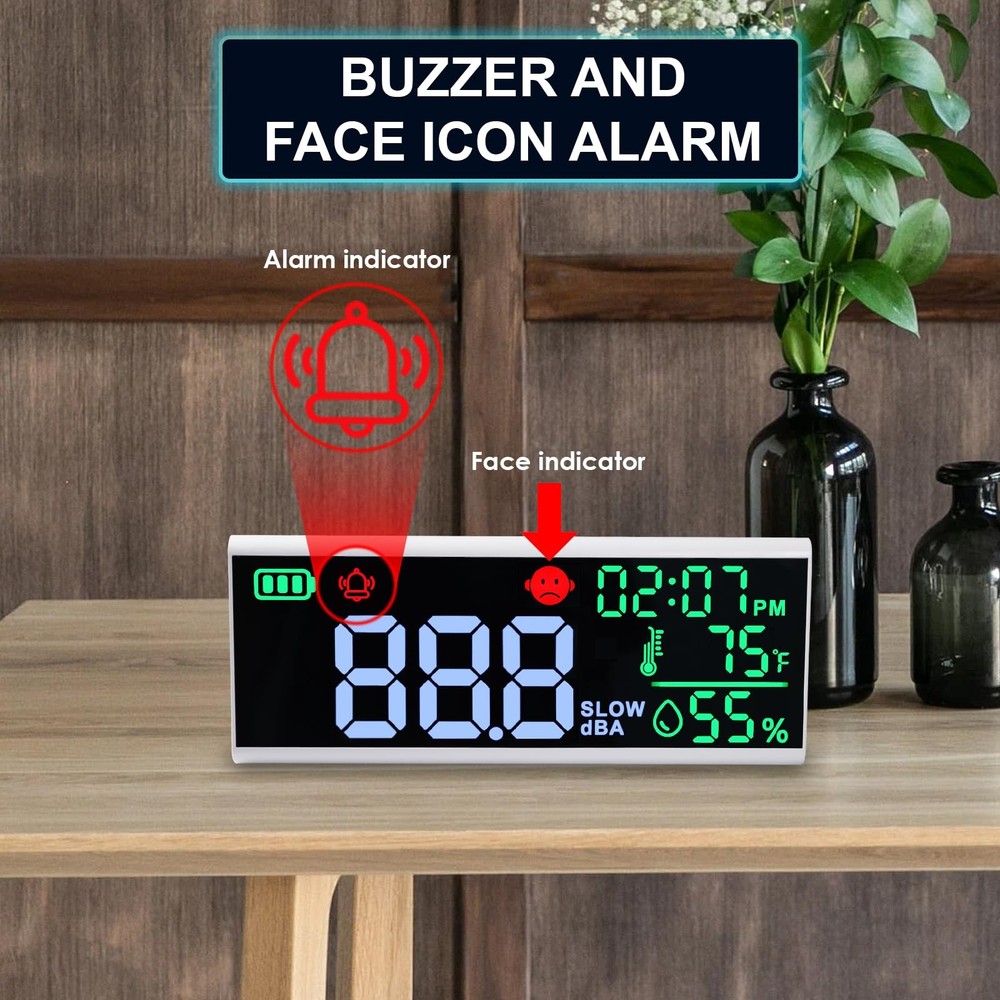Decibel Meter 13" Sound Display Time Temperature Humidity,...