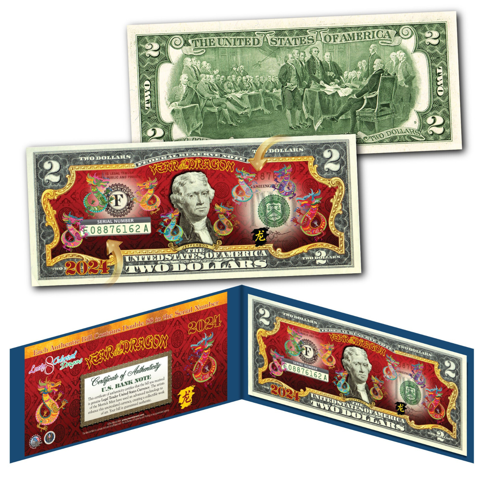 2024 Lunar Chinese New YEAR OF DRAGON Polychrome 8 COLOR DRAGONS $2 US Bill BLUE